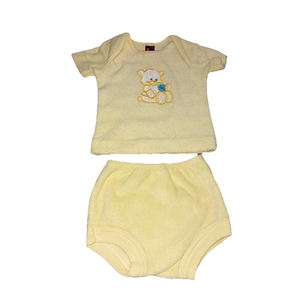 Vtg 1980s Carters Terry Cloth Baby Set 9 Months Made in USA Yellow Teddy Bear